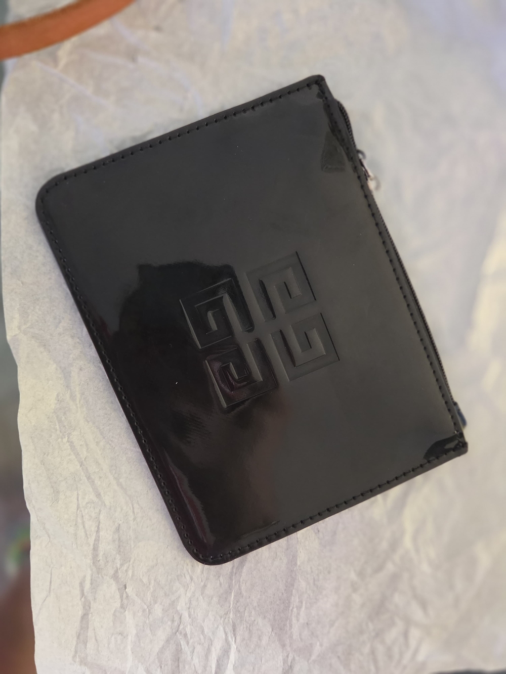 Givenchy Black Patent Leather Zip Card Holder with Embossed Logo